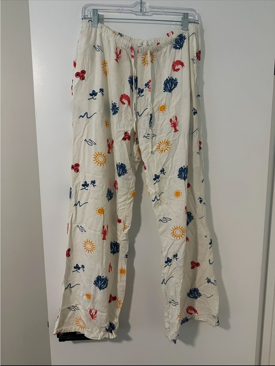 Cali 1850 Pants - Women's Size Large White Printed Lounge Joggers with Sun & Sea Motif